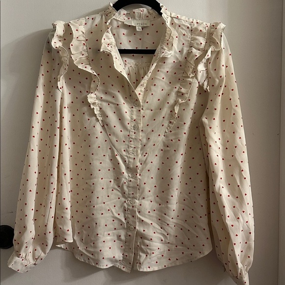 PINCH Tops - PINCH heart print ruffled long sleeve top cream/red valentines large
